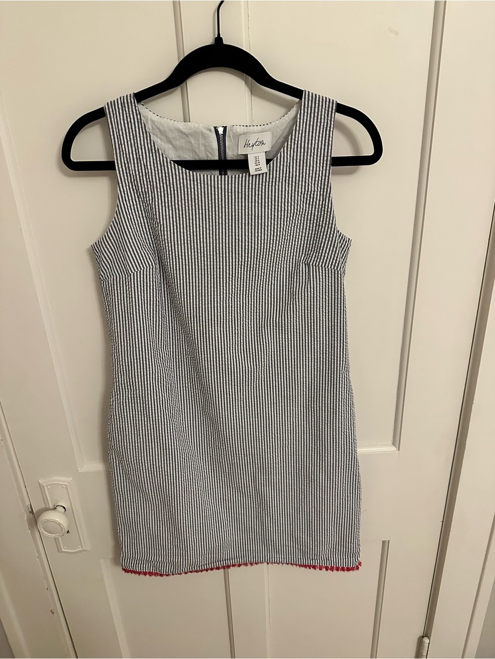 Heyton Seer Sucker Shift Dress Pinstripe Hot Pink Fringe Coastal Size 2